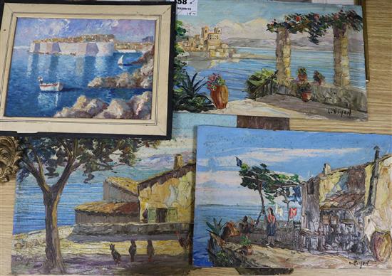 Louis-Jacques Vigon ( 1897-1985), 3 oils on board, Piana-Corse, Antibes, Cabanon & St Raphael, Largest 24 x 41cm